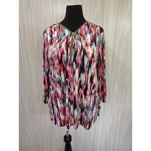 JM Collection Zip Top Front 3/4 Blouse Petite XL Gold Pink Purple Black Festival